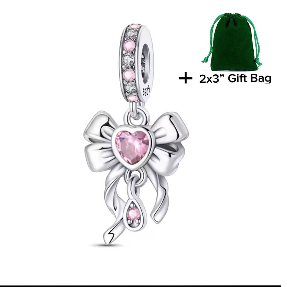 Bow Pink Crystal Heart Dangle Charm | 925 Silver | Brand New